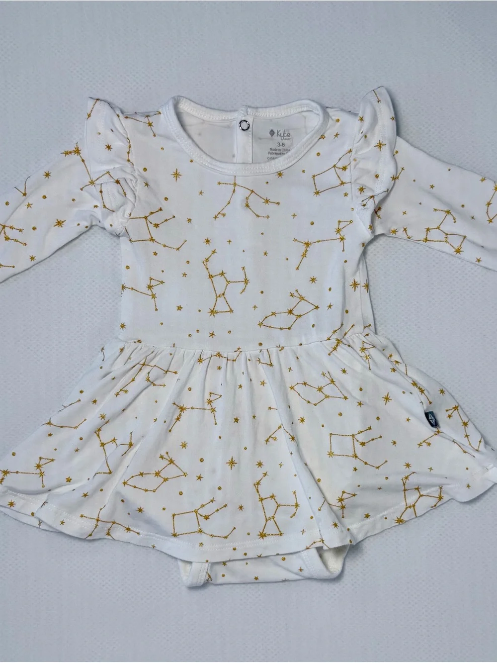 Kyte Baby Cloud Constellation Twirl Bodysuit Dress 3–6M Bamboo Gold Shimmer